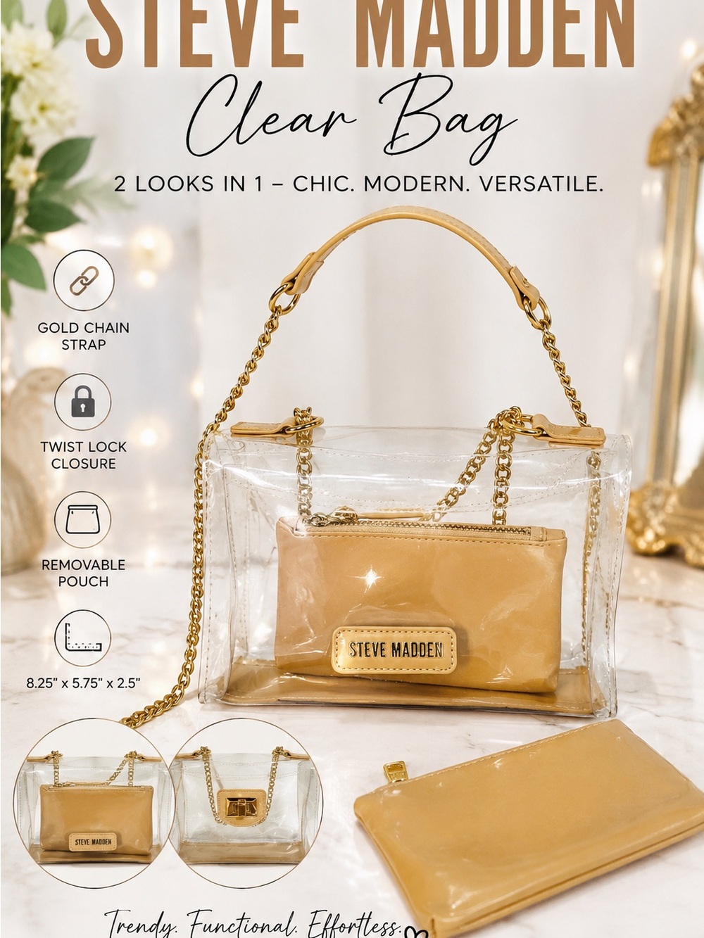 Steve Madden Clear Crossbody  Removable Tan Pouch Gold Chain with Tan Top Strap